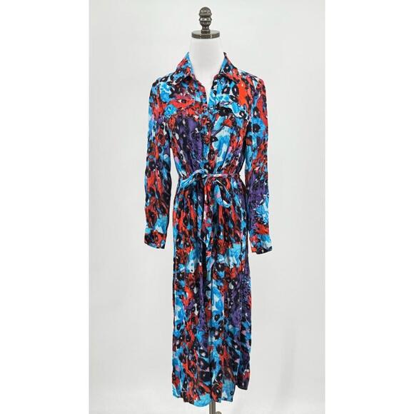 Karen Millen Dresses & Skirts - Karen Millen Petite Blue Red Print Collared Belted Button Front Shirt Dress Sz 6